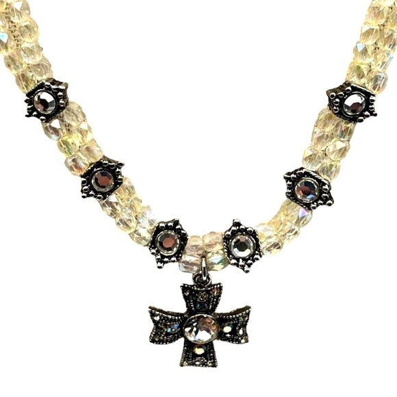 Vintage Crystal Beaded Necklace & Bracelet Set With Cross Pendant - Picture 2 of 10